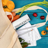 Blackwing Volume 140 pencils and recipe cards in a canvas bag with produce